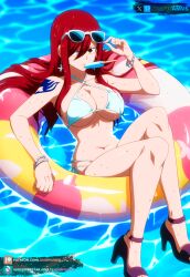 ai_generated big_breasts bikini brown_eyes curvy erza_scarlet fairy_tail female float heels ice_cream juanpi_amvs long_hair patreon patreon_username pool red_hair subscribestar sunglasses sunglasses_on_head sunglasses_removed water watermark white_bikini