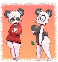 1girls animal_humanoid chubby_female covering cult_of_the_lamb embarrassed female fur fur_breasts fur_thick_thighs furry jalala jalala_(cult_of_the_lamb) leaf lhacedor nude panda