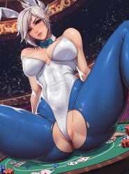 4narch157 ai_generated big_ass big_breasts blue_pantyhose brown_eyes bunny_ears bunny_tail bunnysuit casino censored fake_animal_ears fake_tail league_of_legends pussy_cutout riven spread_legs white_bunnysuit white_hair