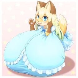 1girls animal_ears anthro anthro_focus anthro_only big_breasts blonde_hair blue_shirt blue_skirt brown_hair cake chibi closed_eyes female fox_ears fox_girl fox_tail frills furry furry_female furry_only gigantic_breasts huge_breasts hyper_breasts large_breasts open_mouth original original_character shortstack small_but_busty smile solo tail two_tone_body two_tone_fur two_tone_hair yellow_fur yu_fox