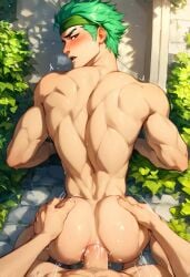 ai_generated ass back biceps big_penis blush gay genji green_hair hand_on_ass hand_on_butt headband looking_at_viewer looking_back male male/male male_only muscular muscular_male overwatch penetration penis penis_in_ass toned_body toned_male twall97