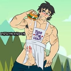 1boy abs apron armpit_hair big_penis black_hair burger cum disventure_camp gay male_only muscles muscular outside pants_down scar scar_on_face solo spicymensroom thomas_reed tom_(disventure_camp) yaoi