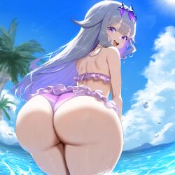 ai_generated ameanon ass big_ass bikini bikini_skirt flat_chest frilled_bikini hololive hololive_english huge_ass in_water koseki_bijou large_ass looking_at_viewer looking_back partially_submerged smile thick_thighs virtual_youtuber vtuber