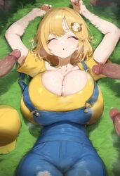 5boys ai_generated ameanon arms_up big_breasts blonde_hair breasts cleavage closed_eyes hololive hololive_english hololive_myth huge_breasts large_breasts mario_(cosplay) mario_hat mommy multiple_boys multiple_penises on_back overalls penis precum precum_on_breasts sleep_molestation sleeping surrounded_by_penises thick_thighs virtual_youtuber vtuber watson_amelia white_gloves yellow_hat