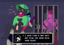 absurd_res angry anthro blush deltarune duo ejaculation eyewear fur glasses hair heart hi_res holding_(disambiguation) kris_(deltarune) male panting penis prison ralsei sexual_icecream smile susie_(deltarune) tongue video_games weapon yaoi