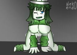 blue_eyes cumming dripping_wet drool_string drooling gray_background green_clothes green_hair green_shadow legs_apart legs_spread line_art nek0end0 pokepasta_oc shirt_lift shirt_up tits_out white_body white_skin