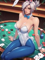 4narch157 ai_generated big_ass big_breasts blue_pantyhose brown_eyes bunny_ears bunny_tail bunnysuit casino fake_animal_ears fake_tail league_of_legends riven white_bunnysuit white_hair