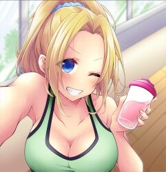 big_breasts d4dj drink gym indoors piyo_piyomaru sasago_jennifer_yuka sports_bra sweat