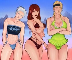 2d 2d_(artwork) 3girls abs athletic athletic_female bare_midriff big_breasts bikini blonde_hair blue_eyes blue_hair bracelet breasts brown_eyes busty chokkakudo cleavage earrings eyeshadow female female_focus female_only fit frost_(mortal_kombat) headband hourglass_figure light-skinned_female light_skin lipstick long_hair makeup mascara medium_breasts mortal_kombat muscle_tone nail_polish navel one-piece_swimsuit outdoors outside ponytail pose posing red_hair short_hair skarlet small_breasts sonya_blade swimsuit swimwear tagme thehugmole thong thong_bikini toned toned_female tubetop waist_chain wide_hips