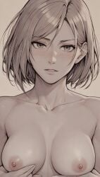 1girls ai ai_generated breast_grab breast_squeeze breasts brown_hair close-up female female_only jujutsu_kaisen kugisaki_nobara looking_at_viewer monochrome naked naked_female nipples nude nude_female one_color_background short_hair white_background