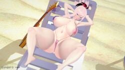 1girls 3d american_flag_bikini areolae armpits arms_behind_head barefoot beach big_breasts big_thighs bikini blush breasts busty fate/grand_order fate_(series) female female_only gigantic_thighs huge_breasts huge_thighs koikatsu large_breasts large_thighs laying_down massive_thighs miyamoto_musashi_(fate) navel sling_bikini slingshot_swimsuit swimsuit textless thick_thighs thighs voluptuous zangoro