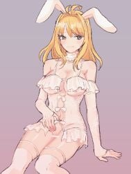 blonde_hair breasts bunny_ears bunnysuit chomo_(engawaparty) fiora_(xenoblade) green_eyes lingerie no_panties see-through_clothing tagme thighhighs xenoblade_(series) xenoblade_chronicles