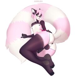 anthro balls canine clothed clothing crossdressing ebery_lovire femboy girly humanoid_penis hybrid legwear looking_at_viewer male mammal nipples open_mouth penis solo stockings suelix thick_thighs