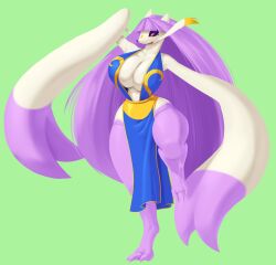 anthro asian_clothing better_version_at_source big_breasts bowl_cut breasts chinese_clothing chinese_dress cleavage clothed clothing dibujosv12 dress east_asian_clothing female green_background hair hi_res mienshao nintendo pokemon pokemon_(species) purple_hair simple_background solo thick_thighs