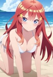 ai_generated beach bikini bikini_bottom bikini_top go-toubun_no_hanayome nakano_itsuki red_hair star_hair_ornament swimsuit swimwear white_bikini