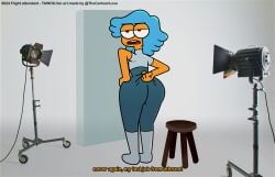 angry_face back_view big_butt big_eyes blue_hair cartoon_network chair clothed clothing flight_attendant_(the_amazing_world_of_gumball) grabbing_pants hand_on_hip orange_skin photo_studio string text the_amazing_world_of_gumball the_cartoon_love thick_ass