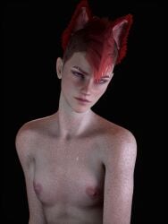 3d aldtecaia angry angry_face fauxhawk_(hairstyle) freckles freckles_on_breasts freckles_on_face freckles_on_shoulders masculine_female noxxyboy pink_eyes pink_fur red_fur red_hair red_hair shaved_side sweat sweating tomboy tomboytoy tulpa undercut