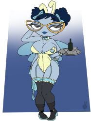 1female 4_arms alternate_version_available ambyva antenna_(anatomy) black_eyes blue_lipstick boots bowtie_collar bunny_ears_headband bunnysuit dark_blue_hair disney disney_channel female_only glasses gloves hair_ribbon hand_behind_head hand_on_hip hands_behind_back holding_object insect_girl insect_wings multi_arm multi_limb perky_breasts rayna_cartflight seductive seductive_smile shorter_female shortstack the_buzz_on_maggie thick_thighs twintails wine_bottle wine_glass