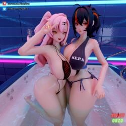 2girls 3d big_breasts big_thighs bikini breasts busty female huge_breasts huge_thighs large_breasts large_thighs misterorzo navel nicole_demara swimsuit thick_thighs thighs voluptuous zenless_zone_zero zhu_yuan