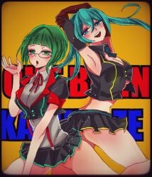 2girls :o aqua_eyes aqua_hair arms_up ass blunt_bangs blush breasts cleavage elbow_gloves glasses gloves green_eyes green_hair gumi half-closed_eyes hand_up hatsune_miku large_breasts long_hair masa_works_design miniskirt murrelet5087 mv_character neck_ribbon necktie open_mouth orange_background outburn_kamikaze_(vocaloid) shirt short_hair skirt smile song_name suspenders teeth thighs twintails underboob upper_teeth_only vocaloid