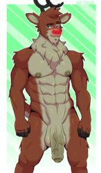 2018 abs anthro antlers balls barazoku biceps big_penis brown_fur bulge cervine christmas erection foreskin fur glowing glowing_nose holidays horn humanoid_penis male male_only mammal muscular muscular_male navel nipples nude pecs penis red_nose reindeer rudolph_the_red-nosed_reindeer simple_background sin_bruh smile solo standing uncut vein watermark