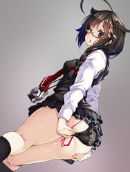 ass_grab kantai_collection megane pantsu pussy_juice seifuku shigure_(kantai_collection) skirt_lift torisan vibrator