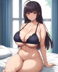 1girls ai_generated bare_legs black_hair bottomless bra breasts cleavage crossed_legs eroero_waifus gigantic_breasts huge_bra huge_breasts huge_thighs light-skinned_female light_skin long_hair looking_at_viewer massive_breasts no_panties please_don't_bully_me,_nagatoro red_eyes sana_sunomiya sitting skindentation smiling solo solo_female squatting sweat sweatdrop thick_body thick_female thick_thighs thighs voluptuous voluptuous_female