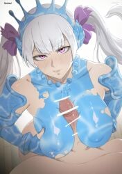 1boy 1girls aboleuk armor artist_name bar_censor black_clover blue_armor blush breasts breasts_squeezed_together censored covered_nipples cum cum_in_mouth cum_string female grey_hair hair_ribbon highres implied_after_fellatio large_breasts light-skinned_female light-skinned_male light_skin liquid_clothes long_hair looking_at_viewer noelle_silva paizuri penis purple_eyes ribbon solo_focus straight sweat tiara twintails white_background