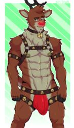 2018 abs anthro antlers barazoku bell bell_collar biceps brown_fur bulge cervine christmas clothed clothing collar erection fur glowing glowing_nose harness holidays horn jockstrap leather leather_harness male male_only mammal muscular muscular_male navel nipples pecs red_nose reindeer reindeer_harness rudolph_the_red-nosed_reindeer simple_background sin_bruh skimpy smile solo standing underwear watermark