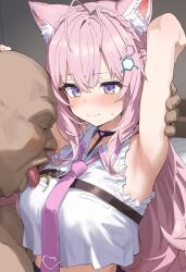 1boy 1girls ai_generated animal_ears armpits blush hakui_koyori hololive kemonomimi licking licking_breast pink_hair purple_eyes ugly_bastard virtual_youtuber