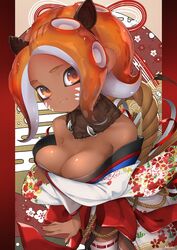 agent_8_(splatoon) asian_clothing bare_shoulders big_breasts cat_ears cleavage cute dark_skin facepaint floral_print fluffy_collar fully_clothed hazel_eyes hizake kashu_(hizake) low_cut_top nintendo octoling orange_hair pseudo_hair rope short_hair splatoon splatoon_2 tentacle_hair thighhighs traditional_clothes