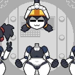 :3 animated assembly_line ball_joints cameltoe chubby clothed clothing double_v edit edited factory gym_clothes hard_hat huge_breasts mob_face moxifloxi multiple_girls octotron2000 pixel_art plump robot robot_girl small_breasts thick_thighs twintails white_body wide_hips