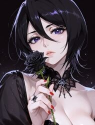 1girl ai_generated arlequin097 black_background black_dress black_flower black_hair black_rose bleach bleach:_the_thousand-year_blood_war breasts choker cleavage closed_mouth collarbone dark_background detached_collar dress eyelashes flower hair_between_eyes head_tilt holding holding_flower jewelry kuchiki_rukia large_breasts lips looking_at_viewer nail_polish purple_eyes red_nails ring rose rukia_kuchiki short_hair solo upper_body