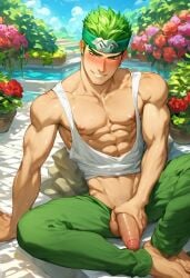 abs ai_generated balls biceps big_balls big_penis closed_eyes gay genji green_hair headband looking_at_viewer male male_only muscular muscular_male nipples overwatch pecs penis smile sweatpants tank_top toned_body toned_male twall97