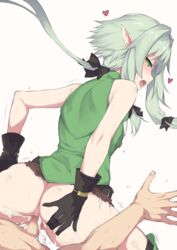 1boy 1girls ass black_bow black_gloves bow censored clothed_sex cum cum_in_pussy eguegu eyebrows_visible_through_hair female from_behind gloves goblin_slayer green_eyes green_hair hairbow heart high_elf_archer_(goblin_slayer) highres looking_back male male_human/female_elf mosaic_censoring open_mouth overflow pointy_ears reverse_cowgirl_position sex sidelocks simple_background solo_focus sweat tongue tongue_out torogao vaginal_penetration white_background