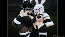 2girls 3d black_hair breasts bunny_day bunnysuit female female_only fishnets iris_(rusmynth) original original_character pale_skin pasties reverse_bunnysuit roblox robloxian rusmynth smile standing sylvia_(rusmynth) tagme thighs tongue_out white_hair