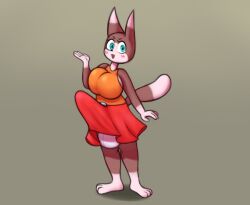 anthro balls big_breasts blue_eyes blush bottomwear breasts brown_body clea_(jovi_cap) clothing domestic_cat felid feline felis genitals hi_res intersex jovi_cap mammal penis skirt solo tail