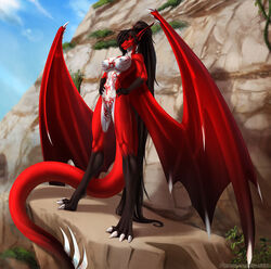 4_toes anthro black_hair breasts day detailed_background digital_media_(artwork) dragon elvofirida female hair markings nipples nude outside pussy red_eyes red_skin scalie sky solo standing toes western_dragon