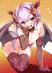 <3_eyes 2019 armwear blush breasts clothing demon elbow_gloves fangs female gloves hair harigane_shinshi heart horns humanoid kneeling legwear mostly_nude nipples open_mouth purple_hair pussy small_breasts solo thigh_highs wings