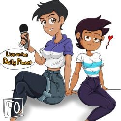 2girls black_hair brown_eyes brown_hair crossover dark-skinned_female english_text faraday_one fully_clothed lois_lane lois_lane_(my_adventures_with_superman) luz_noceda swapped_clothes tagme text the_owl_house