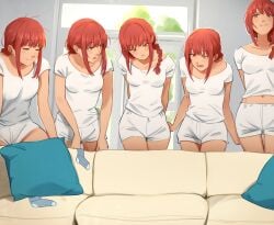 1girls 5girls big_ass big_breasts blush bottomless braid braided_hair chainsaw_man comedic couch female female_focus funny khyleri makima_(chainsaw_man) meme midriff navel official_edit piper_perri_surrounded red_eyes red_hair schizophrenia socks thick_thighs underwear white_woman_/j