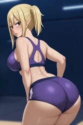 after_workout ai_generated ass bent_over blurry_background blush fairy_tail gym_uniform heavy_breathing huge_ass looking_at_viewer lucy_heartfilia medium_breasts shiny_skin shorts sports_shorts sports_uniform sweat tight_clothing