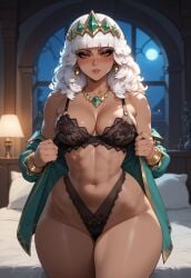 1girl ai_generated areolae bangle blush bracelet dark-skinned_female dark_skin earrings gold_eyes green_clothing large_ass large_breasts league_of_legends looking_at_viewer makeup mascara necklace nipples qiyana_yunalai riot_games rkmjhl6yn6 tiara undressing