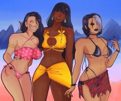 2d 2d_(artwork) 3girls abs athletic athletic_female bangs bare_midriff big_breasts bikini black_hair bracelet breasts busty chokkakudo cleavage cleavage_cutout collar dark-skinned_female dark_skin earrings erect_nipples eyeshadow female female_focus female_only fit hourglass_figure lipstick long_fingernails long_hair makeup mascara medium_breasts mileena mortal_kombat nail_polish navel nipple_bulge outdoors outside pareo pose posing sareena short_hair spiked_bracelet spiked_collar swimsuit swimwear tagme tan tan_body tan_skin tanya_(mortal_kombat) thehugmole toned toned_female two_tone_hair white_hair wide_hips