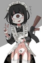 1_eye @_@ ak-47 akmymz apron ass_visible_through_thighs assault_rifle black_dress black_hair black_nails blush_stickers brown_eyes censored clothes_lift collared_dress cowboy_shot cyclops dress dress_lift female_pubic_hair garter_straps gun kalashnikov_rifle lifting_own_clothes long_sleeves looking_at_viewer maid maid_apron maid_headdress mosaic_censoring nervous_smile no_panties open_mouth original pubic_hair pussy rifle smile sweatdrop thigh_gap thighhighs v weapon weapon_behind_back white_apron white_thighhighs