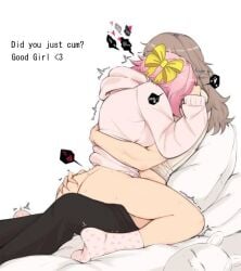 1girls artist_request ass ass_grab bed black_text clothed_sex control cowgirl_position daddy_kink english_text female gripping_ass hand_around_waist heart holding_ass hugging kami_nomi_zo_shiru_sekai long_hair_male master_and_slave nakagawa_kanon orgasm pillow pink_hair pink_hoodie pink_socks quivering sex size_play small_ass smaller_female speech_bubble straddling straight teddy_bear text trembling trousers_down unknown_male white_background yellow_ribbon