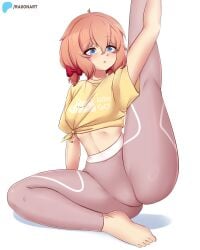 2024 arm_up curvy_figure doki_doki_literature_club feet just_sayori leg_up midriff_baring_shirt raionart red_ribbons sayori_(doki_doki_literature_club) stretching thick_thighs tied_shirt yoga_pants