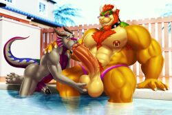 abs anthro ball_fondling balls beard biceps big_balls big_penis body_hair bowser chest_hair collar deltoids dragon dream_and_nightmare facial_hair facial_piercing fellatio fondling gay genitals hair hi_res horn huge_balls huge_cock humanoid_genitalia humanoid_penis koopa male male/male mario_(series) muscular muscular_male mythological_creature mythological_scalie mythology nintendo nipple_piercing nipples nose_piercing oral oral_sex orange_hair pecs penile penis piercing quads scalie septum_piercing sex spiked_collar spikes sunglasses swimming_pool triceps