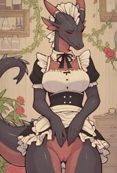 1girls ai_generated anthro blush bottomless_skirt dragon dragon_girl dragon_humanoid eyes_closed female female_only maid maid_uniform nervous_smile presenting presenting_pussy pussy scalie scalieton self_upload skirt_lift