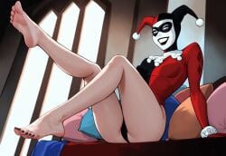 ai_assisted ai_generated batman:_the_animated_series batman_(series) bed civitai clown dc_comics dcau feet feet_focus feet_up female female_only foot_fetish happy harley_quinn harley_quinn_(classic) jester low-angle_view pillows slim smug solo solo_female solo_focus sweaty_feet